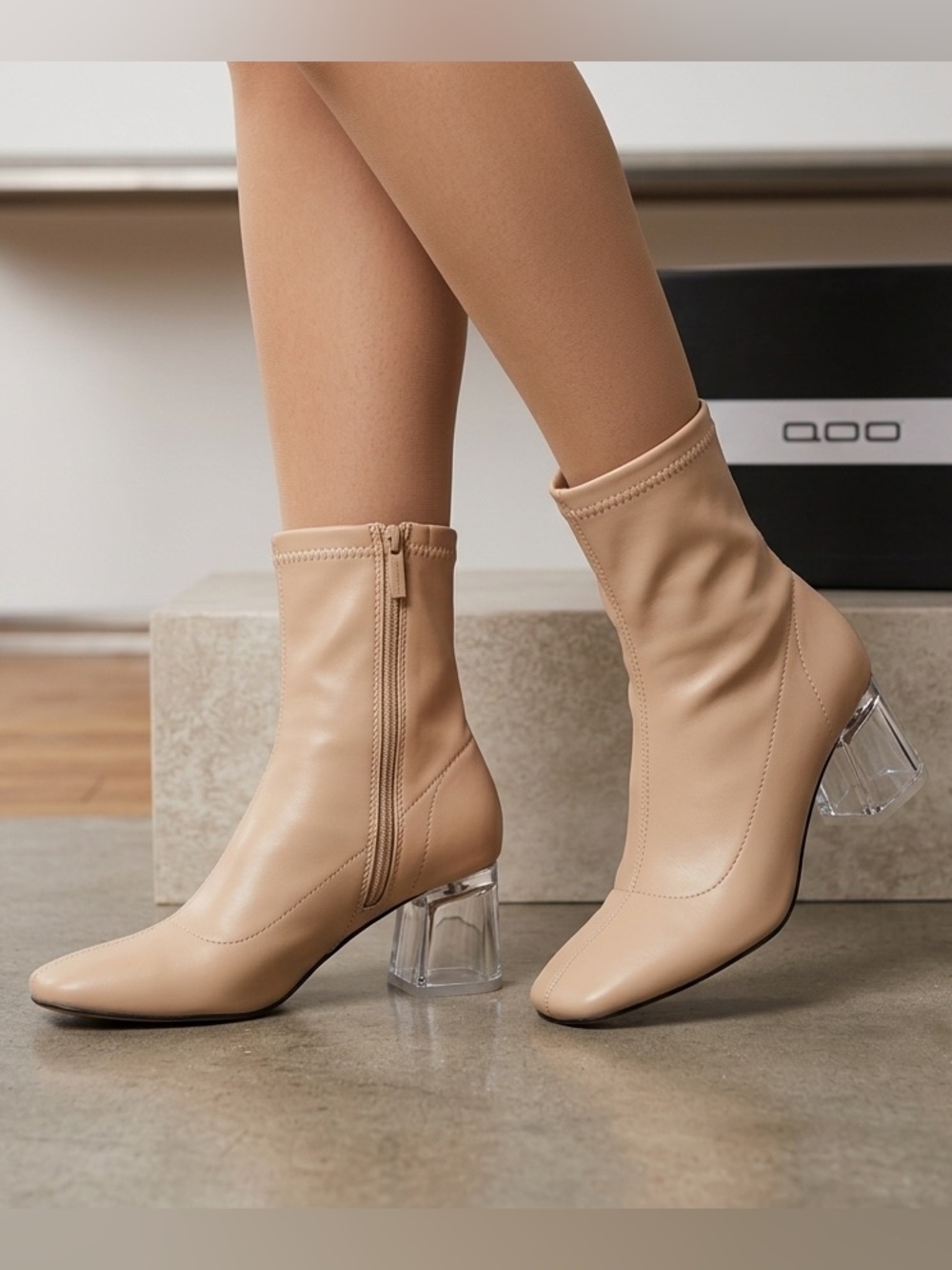 Unilady “Swing-3” Nude Ankle Booties – Clear Block Heel – Size 7.5 – NEW IN BOX